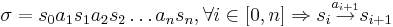 \sigma = s_0 a_1 s_1 a_2 s_2 \dots a_n s_n, \forall i \in [0,n]  \Rightarrow  s_i \overset{a_{i+1}}{\rightarrow} s_{i+1}