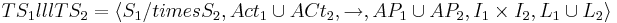 TS_1 lll TS_2= \langle S_1 /times S_2, Act_1 \cup ACt_2, \rightarrow, AP_1 \cup AP_2, I_1 \times I_2, L_1 \cup L_2 \rangle